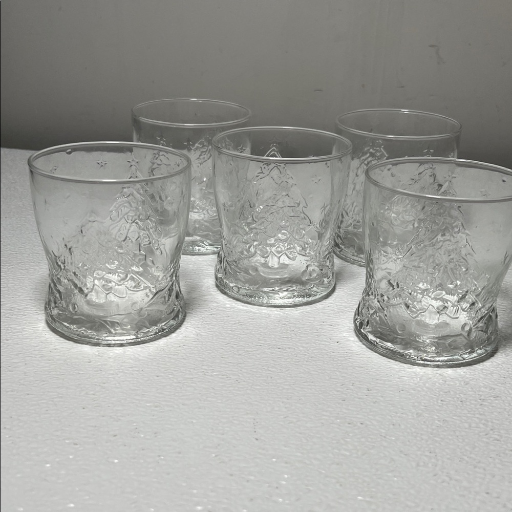 Arcoroc Holly Tree Clear Embossed Glass Old Fashion Glasses Vintage Set of 5